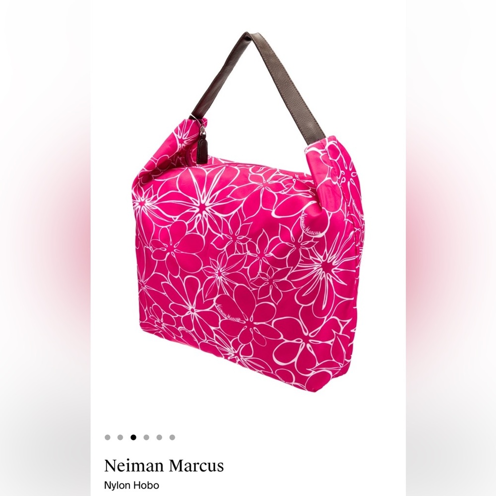 NWT! Neiman Marcus floral nylon tote with brown vegan leather strap - Picture 2 of 11